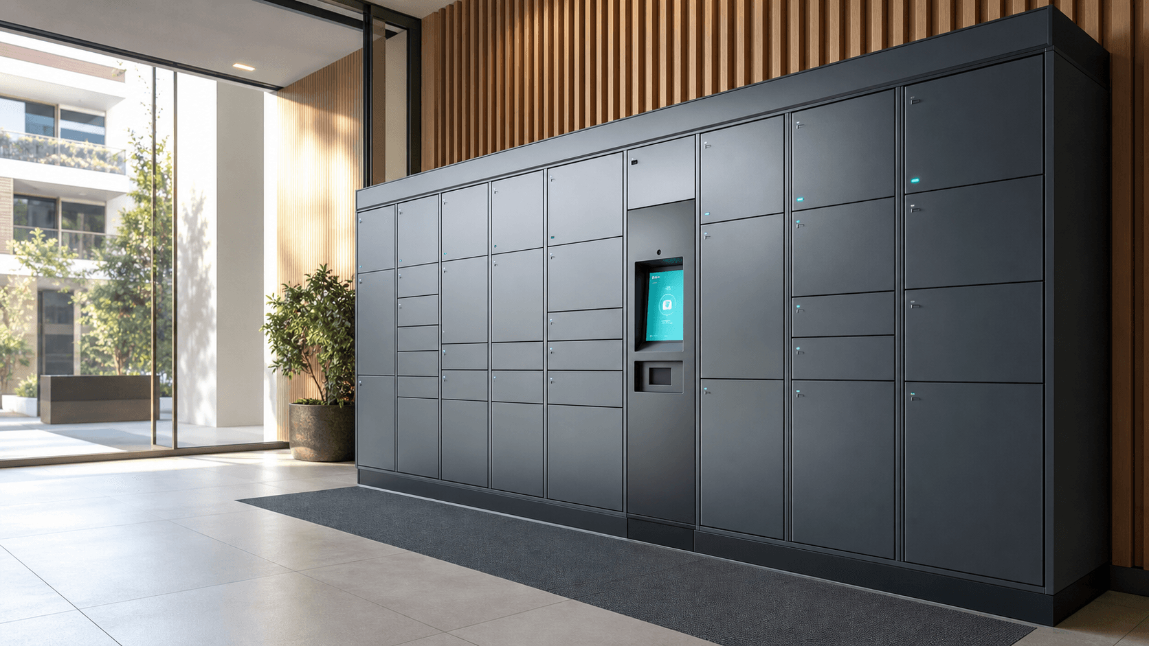 Imagen referencial de lockers inteligentes en un edificio